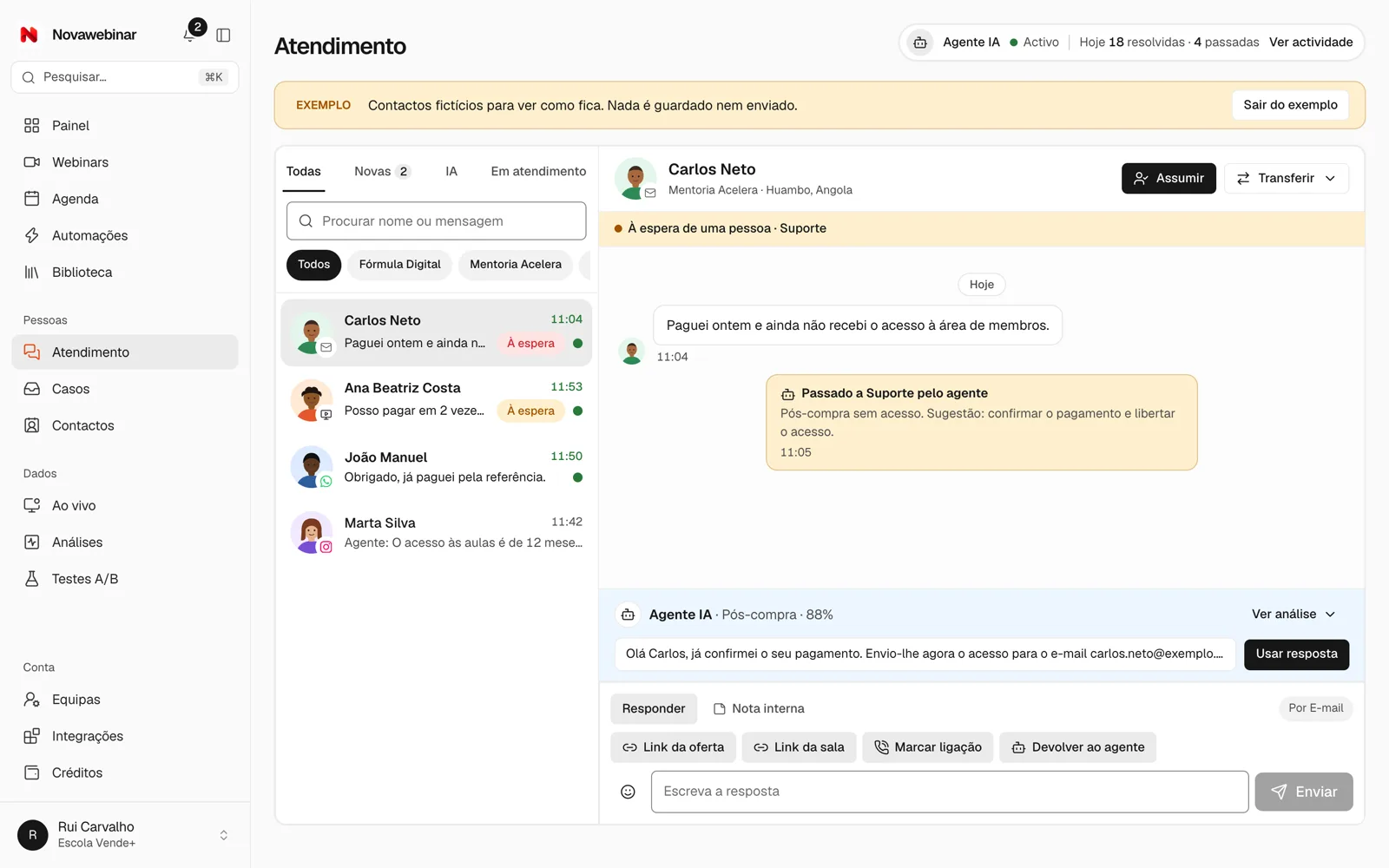 O Atendimento: as conversas privadas, o Agente IA a sugerir uma resposta e os botões para assumir ou transferir