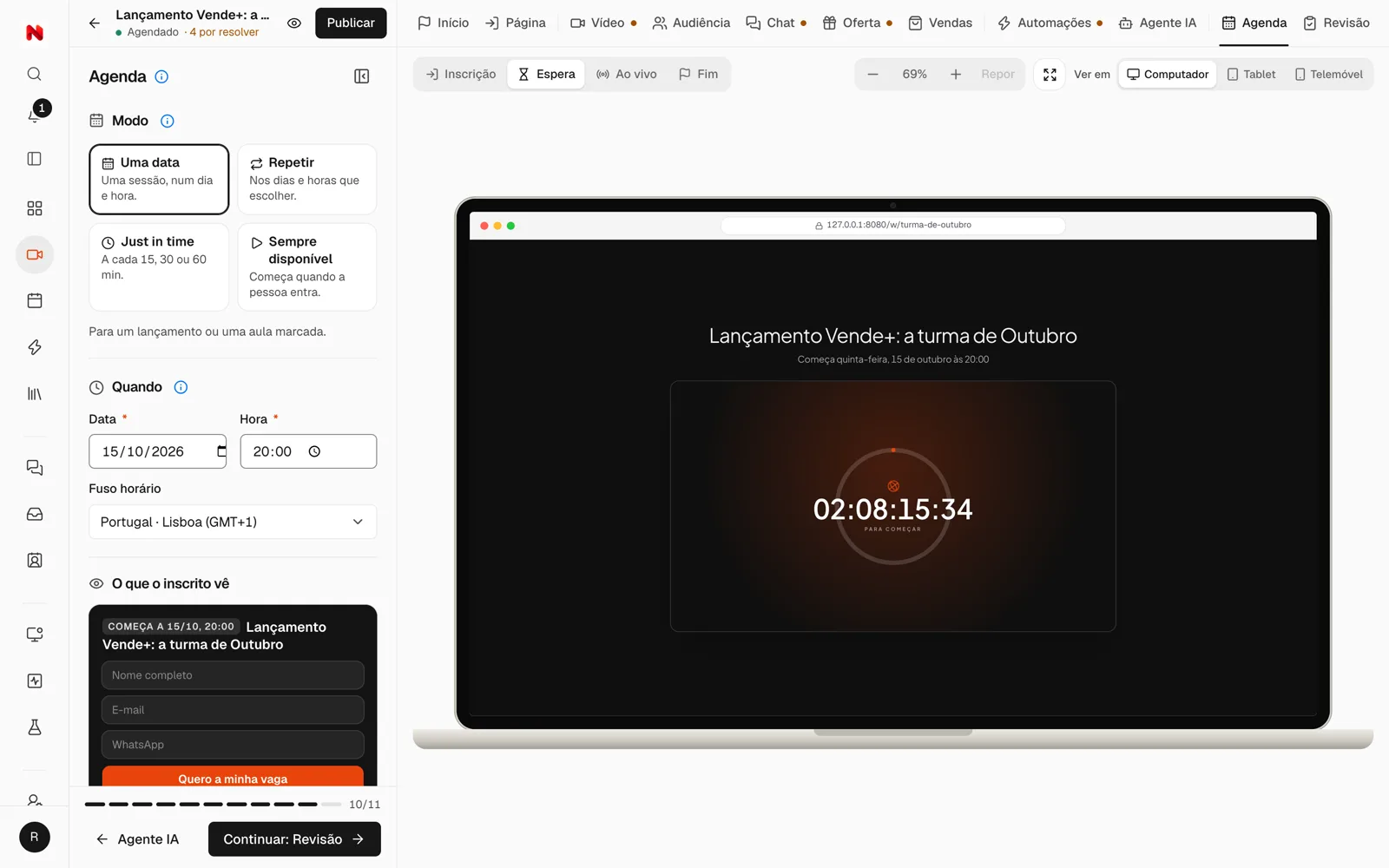 O editor na etapa Agenda: uma data, repetir, just in time ou sempre disponível, com a sala de espera ao lado